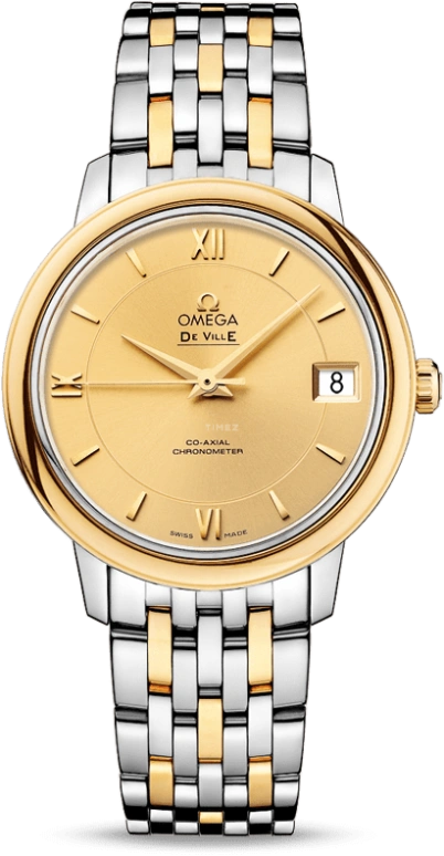 Omega,De Ville 32.70mm,32.70mm,Yellow Gold,Stainless Steel,Champagne,Automatic,Date,Co-Axial Escapement,424,424.20.33.20.08.001