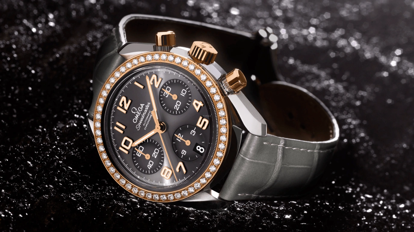Omega,Speedmaster (Non-Moonwatch) 38mm,38mm,Red Gold,Stainless Steel,Grey,Automatic,Chronograph,Date,324,324.28.38.40.06.001