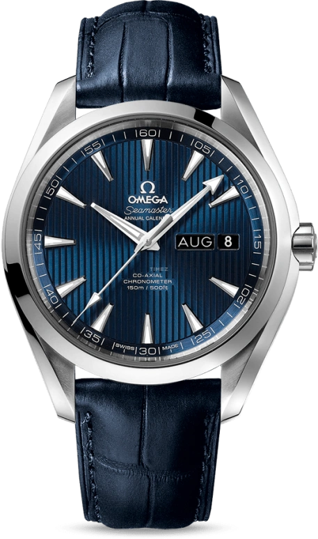 Omega,Aqua Terra 43mm,43mm,Stainless Steel,Blue,Automatic,Annual Calendar,Month,Date,Co-Axial Escapement,60hours,In-house Caliber,231,231.13.43.22.03.002