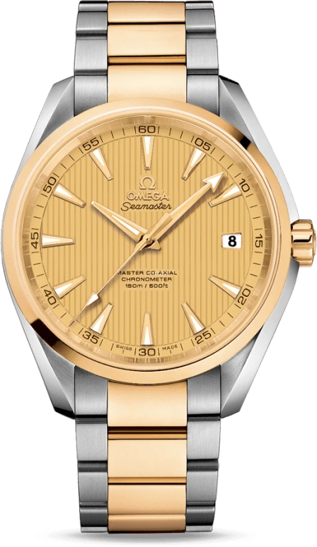 Omega,Aqua Terra 41.50mm,41.50mm,Yellow Gold,Stainless Steel,Champagne,Automatic,Date,Co-Axial Escapement,231,231.20.42.21.08.001