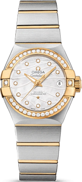 Omega,Constellation 27mm,27mm,Yellow Gold,Stainless Steel,White,Automatic,Date,Zodiac Indications,Co-Axial Escapement,123,123.25.27.20.55.004