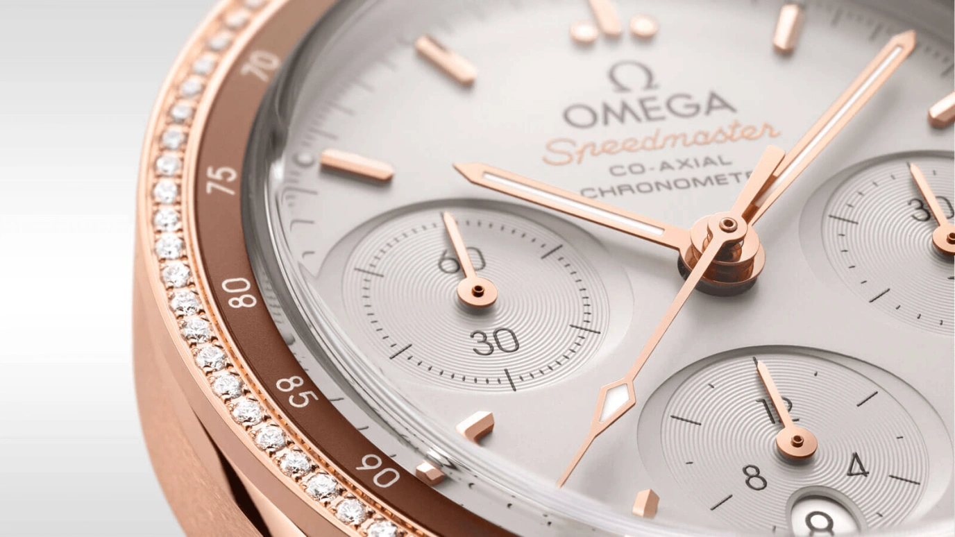 Omega,Speedmaster (Non-Moonwatch) 38mm,38mm,Sedna Gold,Beige,Automatic,Chronograph,Date,Co-Axial Escapement,Column Wheel,52hours,In-house Caliber,324,324.68.38.50.02.003