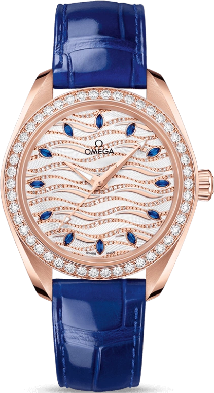 Omega,Aqua Terra 34mm,34mm,Sedna Gold,Blue,Silver White,Automatic,Co-Axial Escapement,55hours,220,220.58.34.20.99.005