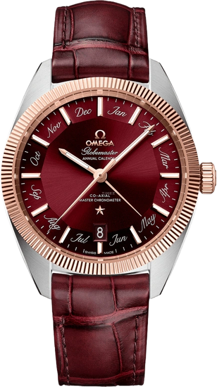 Omega,Globemaster 41mm,41mm,Sedna Gold,Stainless Steel,Red,Automatic,Annual Calendar,Month,Date,Zodiac Indications,55hours,In-house Caliber,130,130.23.41.22.11.001