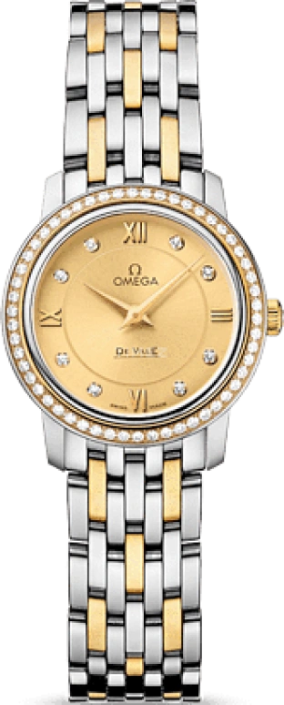 Omega,De Ville 24.50mm,24.50mm,Yellow Gold,Stainless Steel,Champagne,Quartz,Zodiac Indications,30000hours,424,424.25.24.60.58.001