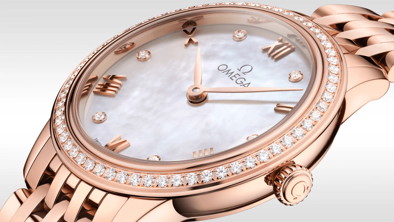 Omega,De Ville 27.50mm,27.50mm,Sedna Gold,White,Quartz,In-house Caliber,Sapphire,434,434.55.28.60.55.001