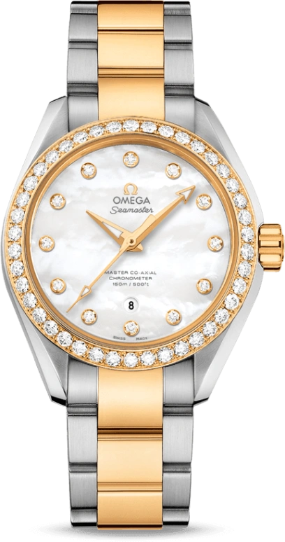 Omega,Aqua Terra 34mm,34mm,Yellow Gold,Stainless Steel,White,Automatic,Date,Zodiac Indications,Co-Axial Escapement,231,231.25.34.20.55.006