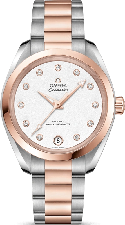 Omega,Aqua Terra 34mm,34mm,Sedna Gold,Stainless Steel,Silver,Automatic,Date,Co-Axial Escapement,220,220.20.34.20.52.001