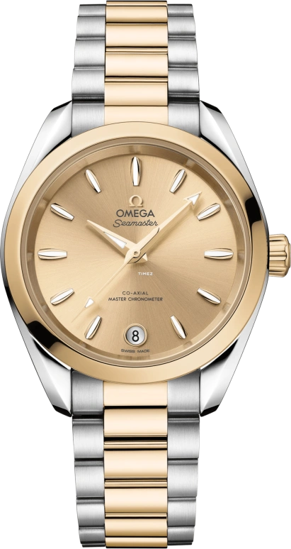 Omega,Aqua Terra 34mm,34mm,Stainless Steel,Moonshine Gold,Yellow,Automatic,Day,Anti-magnetic,220,220.20.34.20.08.001