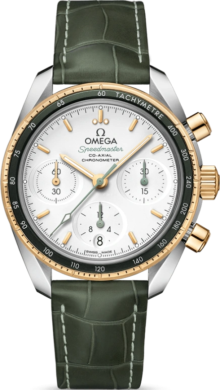 Omega,Speedmaster (Non-Moonwatch) 38mm,38mm,Yellow Gold,Stainless Steel,Silver,Automatic,Chronograph,Date,Co-Axial Escapement,Column Wheel,52hours,In-house Caliber,324,324.23.38.50.02.001