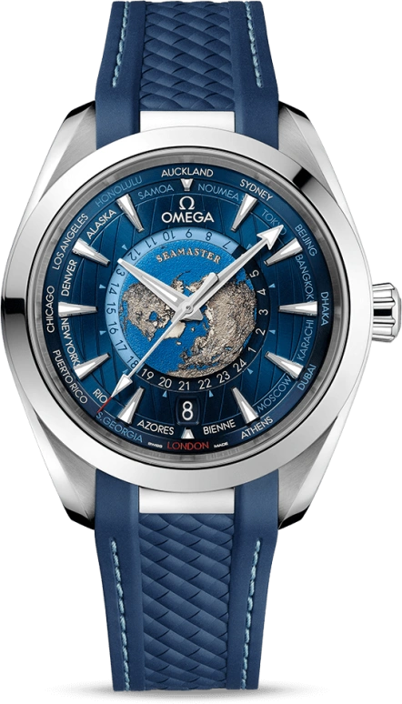 Omega,Aqua Terra 43mm,43mm,Stainless Steel,Blue,Automatic,Date,World Time,Co-Axial Escapement,220,220.12.43.22.03.001