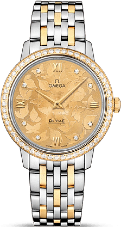 Omega,De Ville 32.70mm,32.70mm,Yellow Gold,Stainless Steel,Champagne,Quartz,Day,Zodiac Indications,424,424.25.33.60.58.001