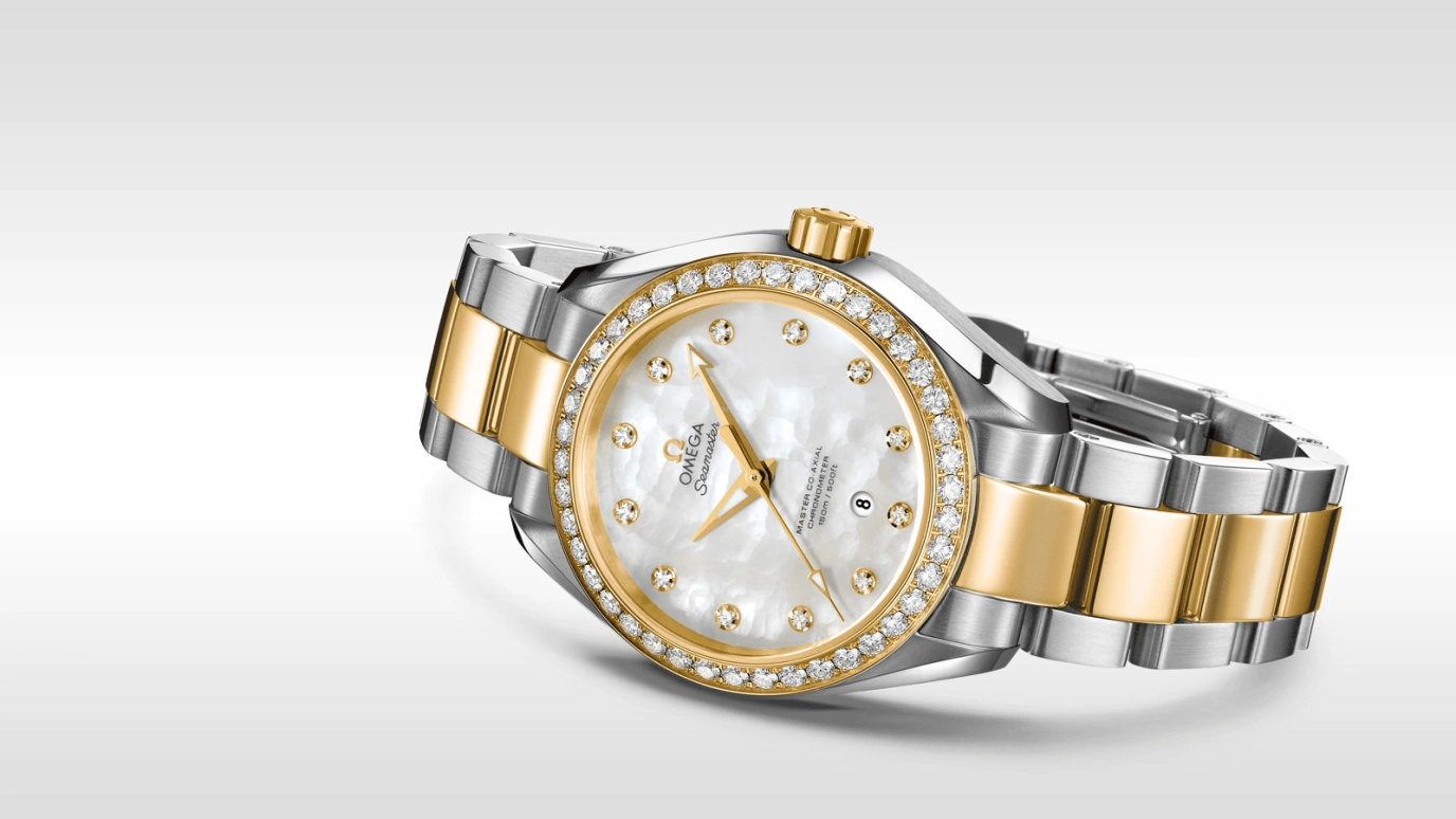 Omega,Aqua Terra 34mm,34mm,Yellow Gold,Stainless Steel,White,Automatic,Date,Zodiac Indications,Co-Axial Escapement,231,231.25.34.20.55.006