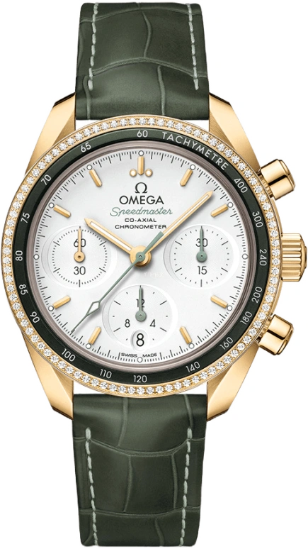 Omega,Speedmaster (Non-Moonwatch) 38mm,38mm,Yellow Gold,Silver,Automatic,Chronograph,Date,Co-Axial Escapement,Column Wheel,52hours,In-house Caliber,324,324.68.38.50.02.004