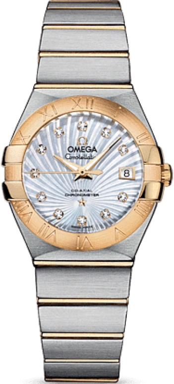 Omega,Constellation 27mm,27mm,Yellow Gold,Stainless Steel,White,Automatic,Date,Zodiac Indications,Co-Axial Escapement,123,123.20.27.20.55.002