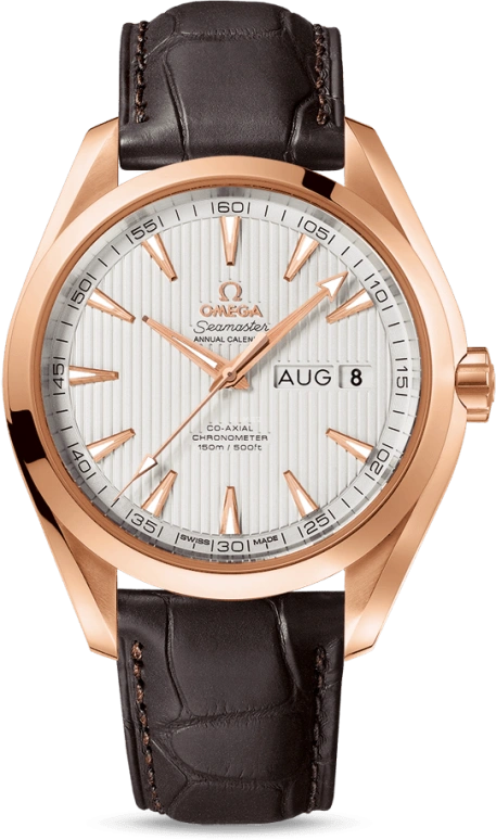 Omega,Aqua Terra 43mm,43mm,Red Gold,Silver,Automatic,Annual Calendar,Month,Date,Co-Axial Escapement,60hours,In-house Caliber,231,231.53.43.22.02.002