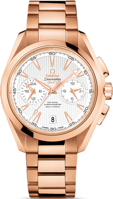 Omega,Aqua Terra 43mm,43mm,Red Gold,Silver,Automatic,Chronograph,Date,Co-Axial Escapement,Column Wheel,60hours,In-house Caliber,231,231.50.43.52.02.001