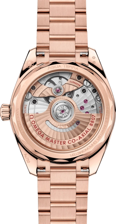 Omega,Aqua Terra 34mm,34mm,Sedna Gold,Silver White,Automatic,Anti-magnetic,55hours,220,220.55.34.20.99.007