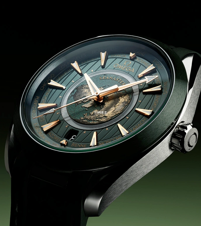Omega,Aqua Terra 43mm,43mm,Stainless Steel,Green,Automatic,Day,Dule Time,World Time,Anti-magnetic,60hours,In-house Caliber,220,220.32.43.22.10.001
