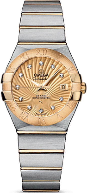 Omega,Constellation 27mm,27mm,Yellow Gold,Stainless Steel,Champagne,Automatic,Date,Zodiac Indications,Co-Axial Escapement,123,123.20.27.20.58.001