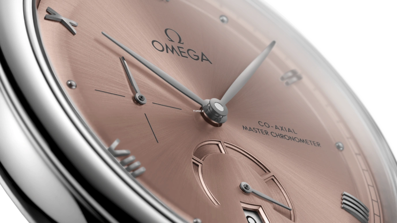 Omega,De Ville 41mm,41mm,Stainless Steel,Pink,Automatic,Day,Power Reserve Indicator,434,434.13.41.21.10.001