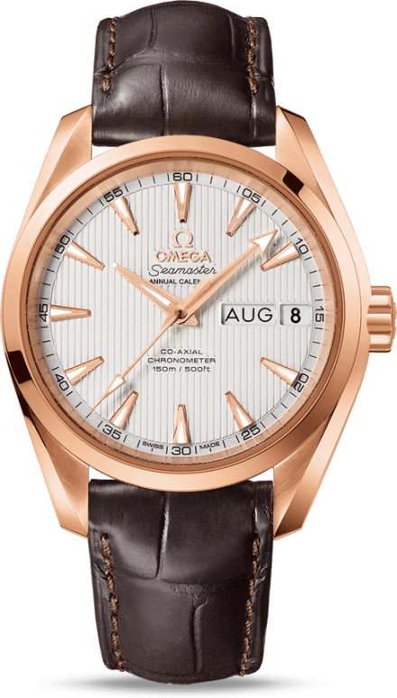 Omega,Aqua Terra 38.50mm,38.50mm,Red Gold,Silver,Automatic,Annual Calendar,Month,Date,Co-Axial Escapement,60hours,In-house Caliber,231,231.53.39.22.02.001