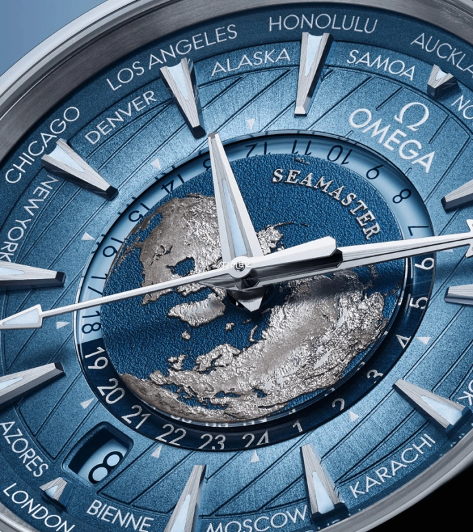 Omega,Aqua Terra 43mm,43mm,Stainless Steel,Blue,Automatic,Day,Dule Time,World Time,Anti-magnetic,60hours,In-house Caliber,220,220.10.43.22.03.002