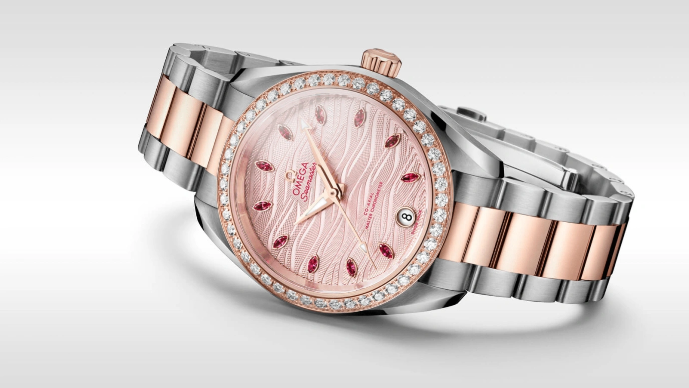 Omega,Aqua Terra 34mm,34mm,Sedna Gold,Stainless Steel,Pink,Automatic,Date,Co-Axial Escapement,220,220.25.34.20.60.001