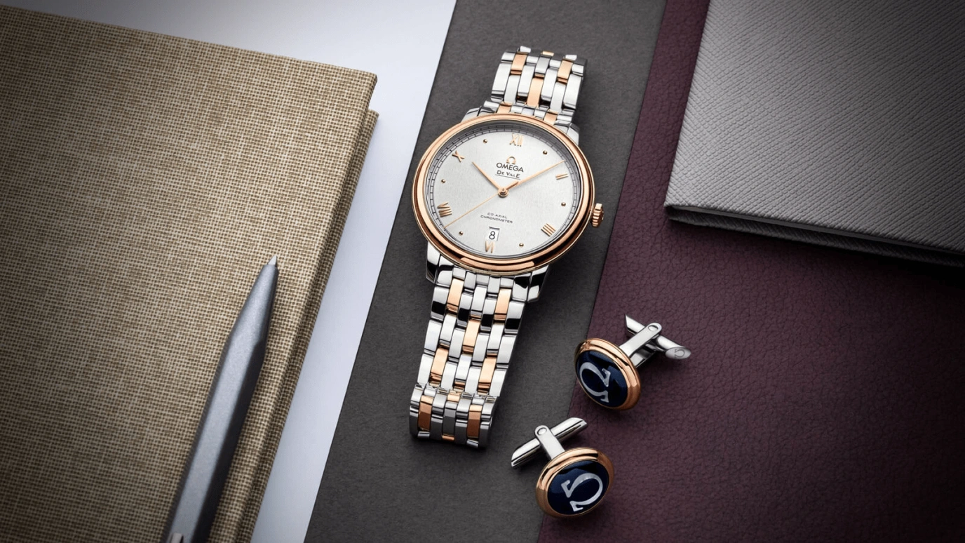 Omega,De Ville 39.50mm,39.50mm,Red Gold,Stainless Steel,Silver,Automatic,Date,Co-Axial Escapement,424,424.20.40.20.02.007
