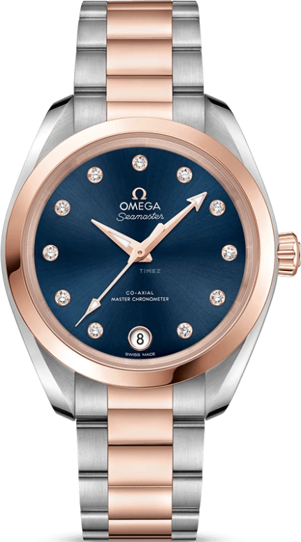 Omega,Aqua Terra 34mm,34mm,Sedna Gold,Stainless Steel,Blue,Automatic,Date,Co-Axial Escapement,220,220.20.34.20.53.001