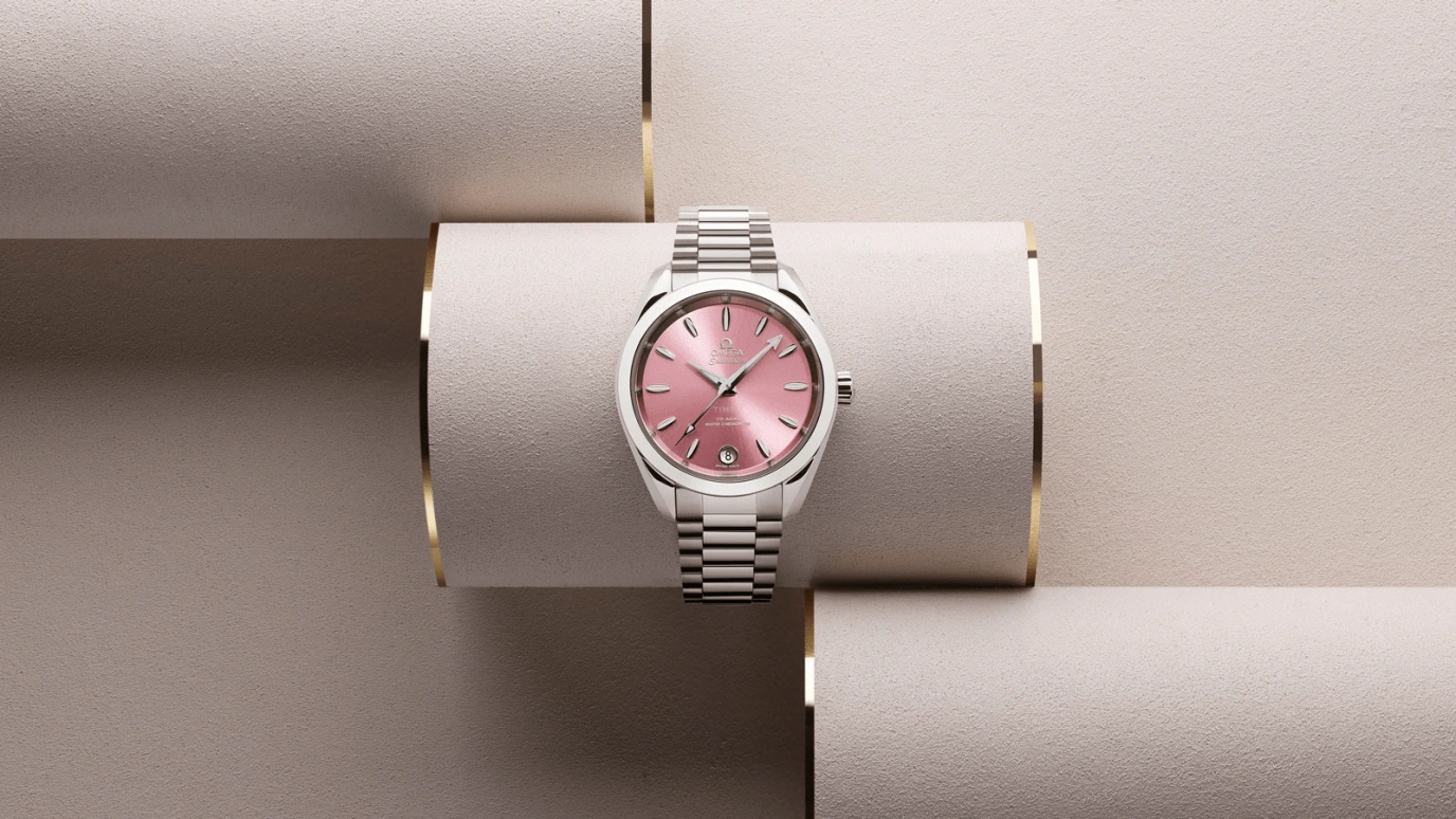 Omega,Aqua Terra 34mm,34mm,Stainless Steel,Pink,Automatic,Date,Co-Axial Escapement,Matt Bomer,220,220.10.34.20.10.003