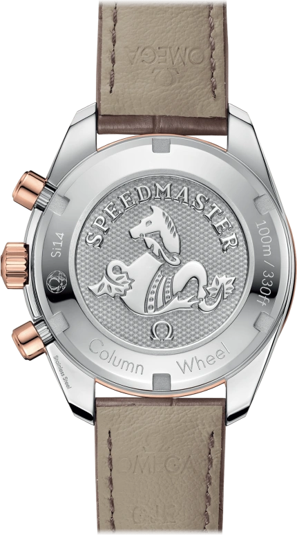 Omega,Speedmaster (Non-Moonwatch) 38mm,38mm,Sedna Gold,Stainless Steel,Beige,Automatic,Chronograph,Date,Co-Axial Escapement,Column Wheel,52hours,In-house Caliber,324,324.28.38.50.02.002