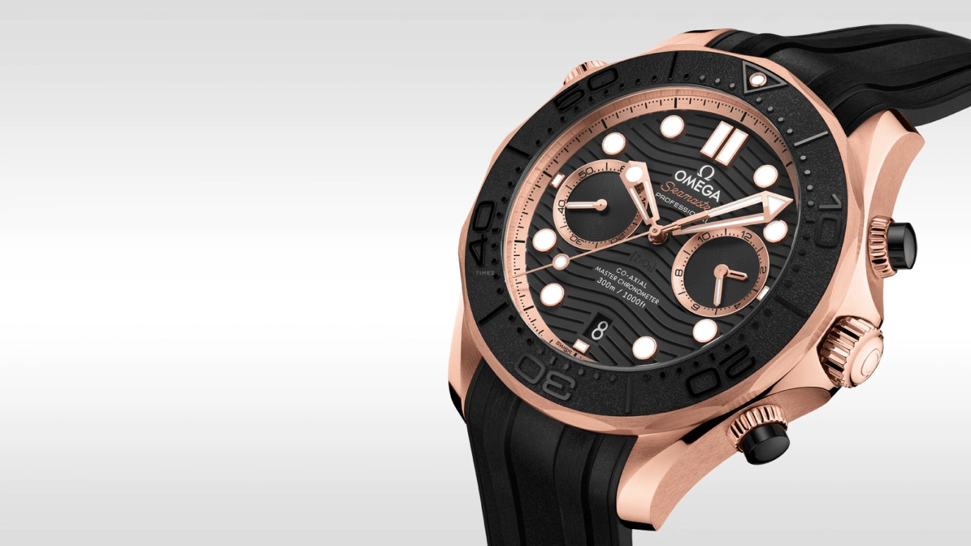 Omega,Seamaster Diver 300M 44mm,44mm,Sedna Gold,Black,Automatic,Chronograph,Date,Co-Axial Escapement,Column Wheel,60hours,In-house Caliber,210,210.62.44.51.01.001