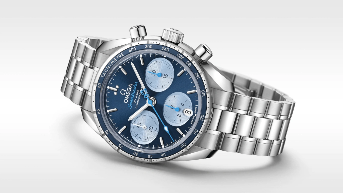 Omega,Speedmaster (Non-Moonwatch) 38mm,38mm,Stainless Steel,Blue,Automatic,Chronograph,Date,Co-Axial Escapement,Column Wheel,52hours,In-house Caliber,324,324.30.38.50.03.002