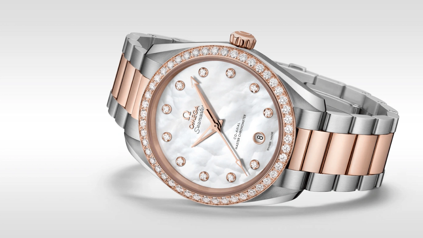 Omega,Aqua Terra 38mm,38mm,Sedna Gold,Stainless Steel,White,Automatic,Date,Co-Axial Escapement,220,220.25.38.20.55.001
