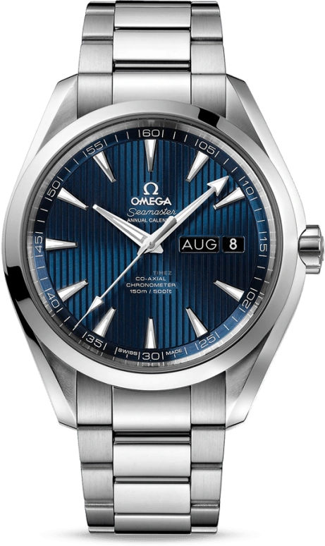 Omega,Aqua Terra 43mm,43mm,Stainless Steel,Blue,Automatic,Annual Calendar,Month,Date,Co-Axial Escapement,60hours,In-house Caliber,231,231.10.43.22.03.002