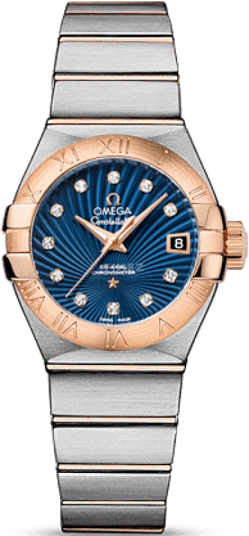 Omega,Constellation 27mm,27mm,Red Gold,Stainless Steel,Blue,Automatic,Date,Zodiac Indications,Co-Axial Escapement,123,123.20.27.20.53.001