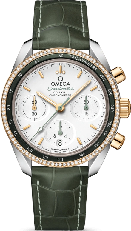 Omega,Speedmaster (Non-Moonwatch) 38mm,38mm,Yellow Gold,Stainless Steel,Silver,Automatic,Chronograph,Date,Co-Axial Escapement,Column Wheel,52hours,In-house Caliber,324,324.28.38.50.02.001