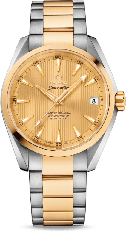 Omega,Aqua Terra 38.50mm,38.50mm,Yellow Gold,Stainless Steel,Champagne,Automatic,Date,Co-Axial Escapement,231,231.20.39.21.08.001