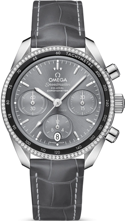 Omega,Speedmaster (Non-Moonwatch) 38mm,38mm,Stainless Steel,Grey,Automatic,Chronograph,Date,Co-Axial Escapement,Column Wheel,52hours,In-house Caliber,324,324.38.38.50.06.001