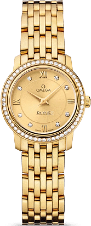 Omega,De Ville 24.40mm,24.40mm,Yellow Gold,Champagne,Quartz,30000hours,In-house Caliber,424,424.55.24.60.58.001