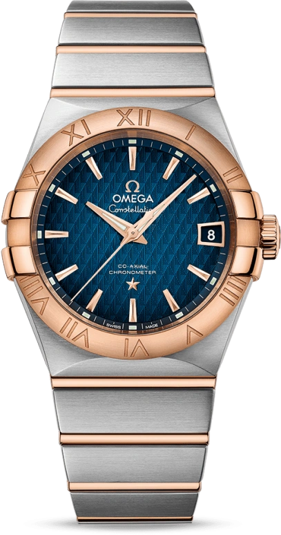 Omega,Constellation 38mm,38mm,Red Gold,Stainless Steel,Blue,Automatic,Date,Co-Axial Escapement,123,123.20.38.21.03.001