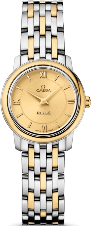 Omega,De Ville 24.40mm,24.40mm,Yellow Gold,Stainless Steel,Champagne,Quartz,30000hours,In-house Caliber,424,424.20.24.60.08.001