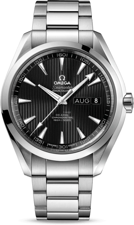Omega,Aqua Terra 43mm,43mm,Stainless Steel,Black,Automatic,Annual Calendar,Month,Date,Co-Axial Escapement,60hours,In-house Caliber,231,231.10.43.22.01.002