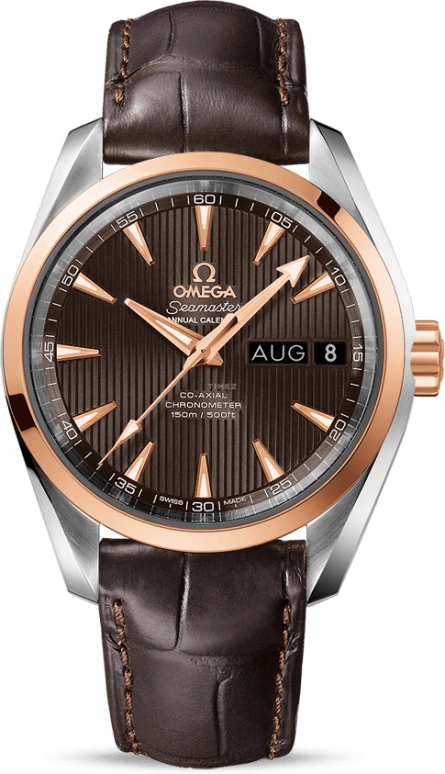 Omega,Aqua Terra 38.50mm,38.50mm,Red Gold,Stainless Steel,Grey,Automatic,Annual Calendar,Month,Date,Co-Axial Escapement,60hours,In-house Caliber,231,231.23.39.22.06.001