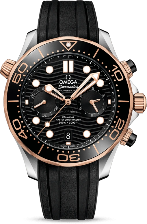 Omega,Seamaster Diver 300M 44mm,44mm,Sedna Gold,Stainless Steel,Black,Automatic,Chronograph,Date,Co-Axial Escapement,Column Wheel,60hours,In-house Caliber,210,210.22.44.51.01.001