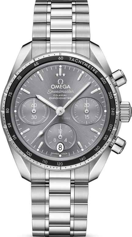 Omega,Speedmaster (Non-Moonwatch) 38mm,38mm,Stainless Steel,Grey,Automatic,Chronograph,Date,Co-Axial Escapement,Column Wheel,52hours,In-house Caliber,324,324.30.38.50.06.001