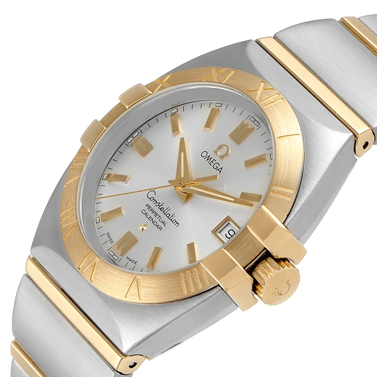Omega,Constellation 38mm,38mm,Stainless Steel,Yellow Gold,Silver,Quartz,Perpetual Calendar,Day,1213,1213.30.00