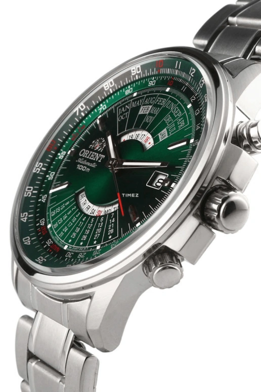 Orient,Sports 44mm,44mm,Stainless Steel,Green,Automatic,Perpetual Calendar,Month,Date,Day,Glass,Silver,FEU07007F