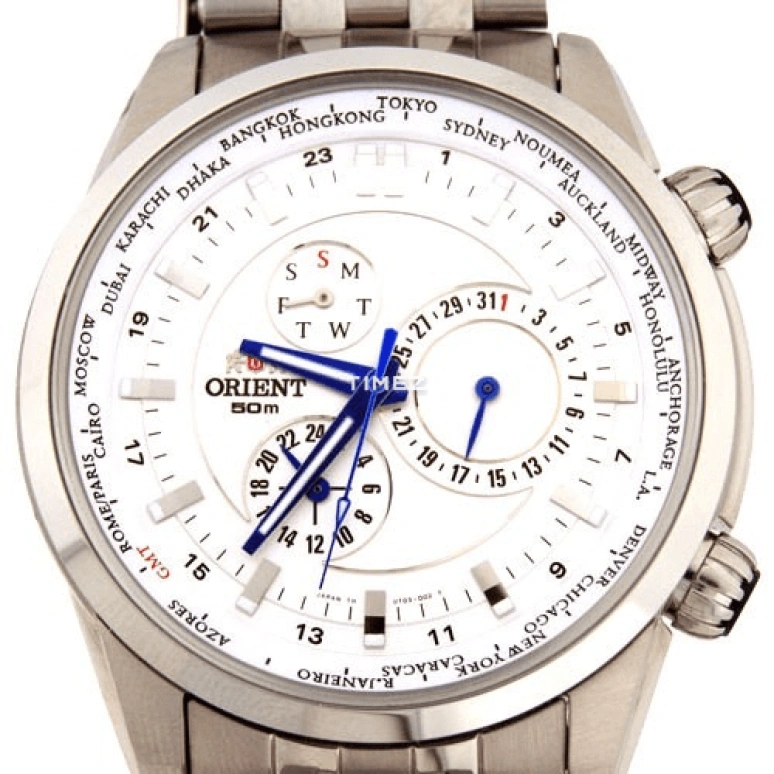 Orient,Sports 44mm,44mm,Stainless Steel,White,Quartz,Date,Day,World Time,CUT05006W